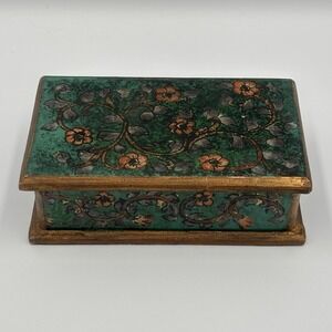 Vintage Robert M. Weiss Painted Wooden Trinket Box With Lid Floral Peru Green